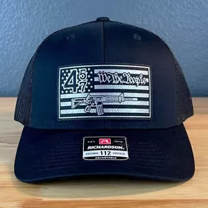 45 47 We the People 2A American Flag SnapBack Trucker Leather Patch Hat Blk/Silv - Picture 1 of 6