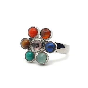 7 Chakra Flower Ring Natural Gemstone Cocktail Boho Adjustable Silver Plated - Picture 1 of 53