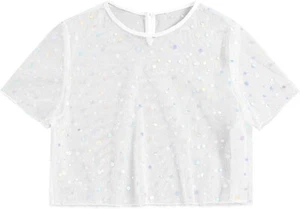 Women's Mesh Crop Top Sexy Sheer See Through Tee Top Short Sleeve Crewneck - Picture 1 of 8