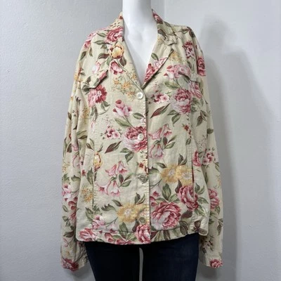 White Stag Floral Jacket Blazer Size XL Linen Blend Pockets Chic Roses Summer - Изображение 1 из 4