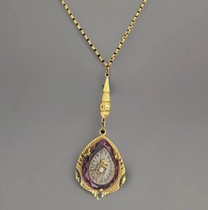 SIGNED H Art Deco Purple Camphor Glass Lavalier Gold Tone Pearl Pendant Necklace - Picture 1 of 15