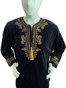 Georgette Trabolsi Dress Kaftan Embroidered Hostess Dress Velvet Gold Metallic - Picture 1 of 16