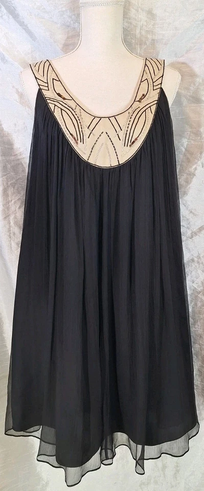 NWOT LAUNDRY BY DESIGN Sz12 Silk/Linen Beaded Sleeveless Shift Dress Flowy Black - Image 1 of 4