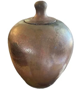 Vintage Raku Pottery Lidded Jar – Metallic Iridescent Glaze – Signed - Picture 1 of 12