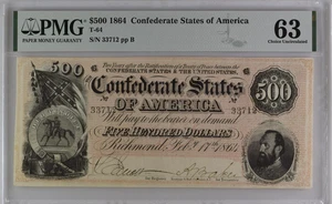 1864 $500 Confederate States of American T-64 - PMG 63 Choice Uncirculated - Picture 1 of 3