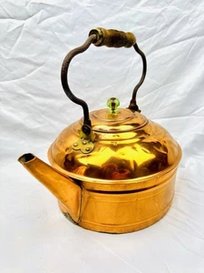 Antiker markenloser Kupfer Teekessel mit Gusseisen/Holzgriff großer 9" Sockel - Bild 1 von 12