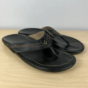 Olukai Men’s Size 13.0 / 46 Manini Black Leather Thong Flip Flop Sandals - Foto 1 di 14