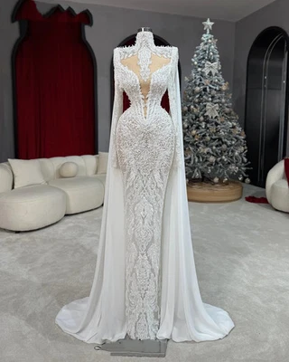Luxury Mermaid Wedding Dresses High Neck Long Sleeves Lace Pearls Bridal Gowns - Imagem 1 de 4