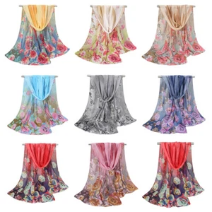 Damen weicher Chiffon Blumen Schal Halstuch Langschal Stola Rose Blume Halstuch Kopftuch - Bild 1 von 11