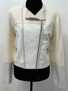 Chico's Womens Asymmetrical Moto Jacket Size 2 Ivory Winter Wheat Fabric Mix - Picture 1 of 12
