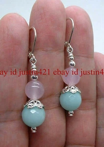 Natural 10mm Pink Quartz & Green Amazonite Round Gemstone Beads Earrings AAA+ - Picture 1 of 4