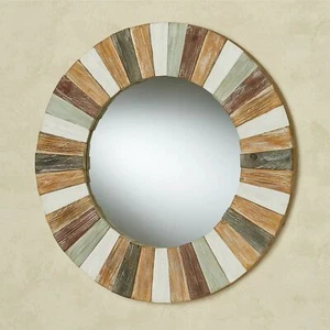 Sarita Fir Wood Plank Style Round Wall Mirror Multi Earth - Picture 1 of 1