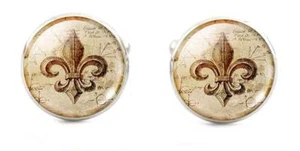 Fleur de Lis Heraldic Cufflinks Brown Cream Silver Men's - Picture 1 of 2