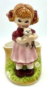 LEFTON Fioriera in ceramica per gatti con bambina vintage - Foto 1 di 7