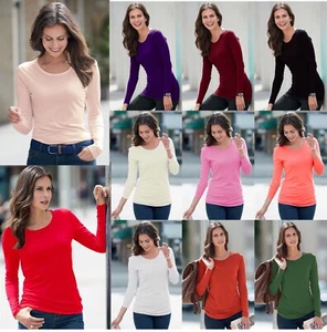 New Ladies Long Sleeve T-Shirt Women Round Neck Plain Basic Top Plus Size 8-26 - Picture 1 of 20