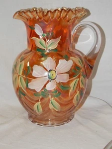 Vintage Floral Hand Painted Draped Fenton Carnival Glass Pitcher - Picture 1 of 8