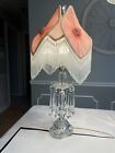 Lampe de salon boudoir en cristal art déco teinte rose rosette perles frange victorienne 