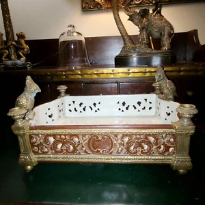 Castilian Footed Centerpiece Planter Candleholder Porcelain Crackle Bronze Birds - Picture 1 of 15