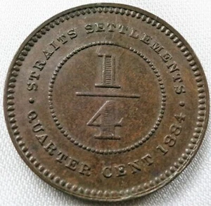 STRAITS SETTLEMENTS Malaysia Britain Bronze 1/4 cent1884 XF Queen Victoria #A33 - Picture 1 of 2