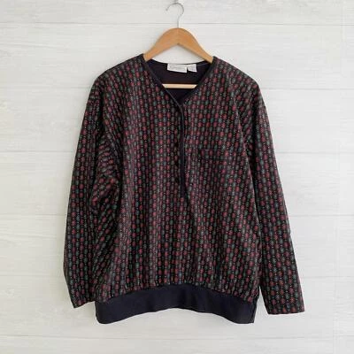 Vintage Elisabeth Liz Claiborne - Black Southwest henley button pullover top, 3 - Image 1 of 4