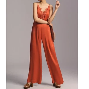 BY ANTHROPOLOGIE NWT Silky Jumpsuit Orange Lace Spaghetti Strap Women's 12P - Picture 1 of 13