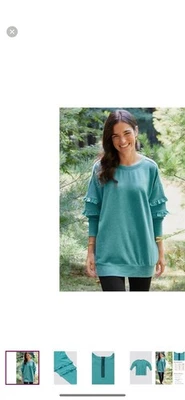 Matilda Jane Wonderment Teal WOMENS Sweatshirt XL Gold Glitter Ruffle Oversized - Image 1 of 4