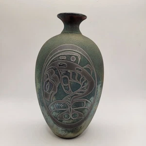 Stephan Roy Handwerk Raku Keramik Vase signiert 9" Northwest Salmon  - Bild 1 von 8