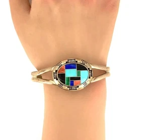 Vintage Carolyn Pollack Relios Multi-Inlay, Sterling Silver Cuff Bracelet - Picture 1 of 13