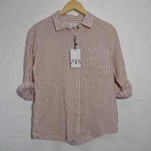 NWT Zara Girls Striped Linen Blend Shirt Button Down Pink/White Size 13/14 Years - Picture 1 of 8