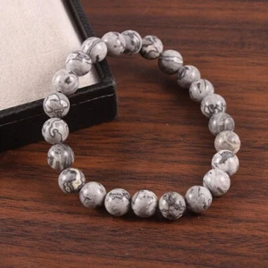 10mm Round Shape Natural Grey Jasper Gemstone Beaded Healing Stretch Bracelet - Picture 1 of 5