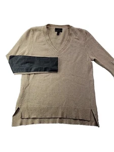 J.Crew Women S Tan Knit Cashmere Wool Bl V-Neck Sweater Black Leather Arm Patch  - Picture 1 of 8