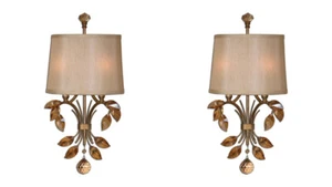 TWO ALENYA BURNISHED GOLD METAL WALL SCONCE LIGHT TEAK CRYSTALS LEAVES UTTERMOST - Picture 1 of 3