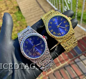 OROLOGIO DA UOMO HIP HOP ORO/ARGENTO PT LUSSO QUADRANTE BLU BLING SET BRACCIALE PEPITE - Foto 1 di 10