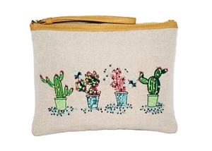 TALBOTS Wristlet Clutch Embroidered Cacti Sequins Crystals Natural Canvas - Picture 1 of 7