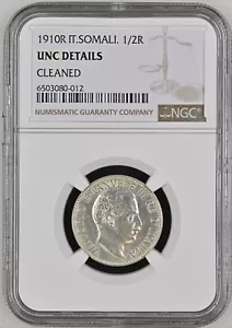 1910-R Somalia ½ Rupia Italian Somaliland Silver .917 Mtg 400k NGC Certified Unc - Picture 1 of 2