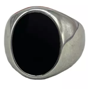 ANELLO UOMO PIETRA OVALE NERA COLOR ARGENTO ONICE LISCIA STILE ELEGANTE/SPORTIVO - Foto 1 di 17