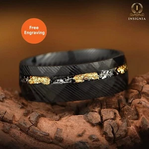 Black Marriage Ring With Meteorite & Damascus Steel – Unique Men’s Promise Band - Picture 1 of 9