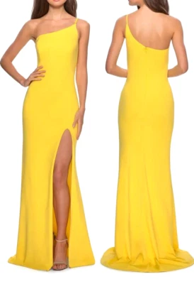 La Femme Gown Womens Sz 10 Yellow One-Shoulder Side Slit Jersey Dress Orig $228 - Image 1 of 4
