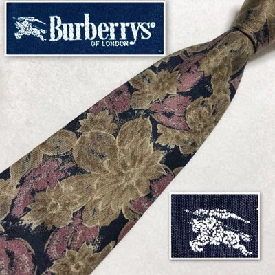 Burberry Authentic Necktie Tie Floral Pattern Navy Bordeaux Khaki Silk No Box - Image 1 of 4