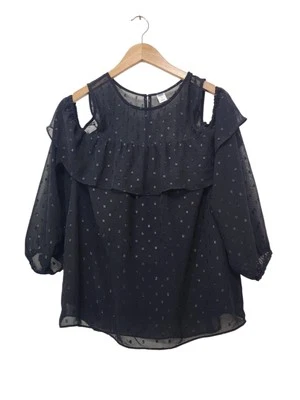 Old Navy 衬衫上衣女式 M 黑色露肩荷叶边圆点瑞士雪纺  — 第 1/4 张图片