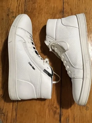 Calvin Klein Men’s 10 White Leather High Tops Zipper Detail Hip Hop Y2K Dance - Image 1 of 4