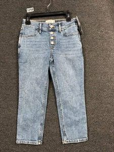 Abercrombie Kids High Rise Straight Jeans 7/8 Short Blue Denim Button Zip NEW - Picture 1 of 7