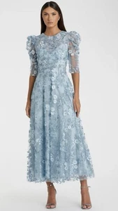 Mac Duggal 68193 Sz 12 Blue Floral Appliqué Puff Sleeve Tea Length Dress $598 - Picture 1 of 5