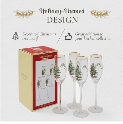 CLASSIC SPODE CHRISTMAS TREE SET X 4 CHAMPAIGN FLUTE GLASSES GIFT BOXED NEW 14oz - Image 1 of 4