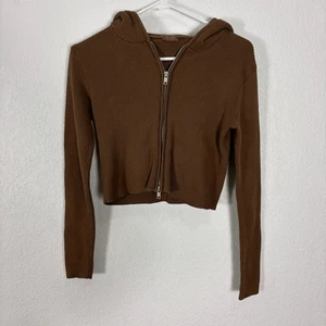 John Galt Brandy Melville Brown Ribbed Hooded Cropped Zip Up Sweater Size Small - Picture 1 of 6