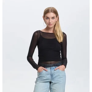 Top de malla para mujer manga larga cuello barco - Wild Fable negro XXL - Imagen 1 de 3