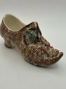 Antique Vintage Ceramic Shoe / Clog With Brown Spongwear And Flower Decoration - Picture 1 of 12