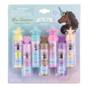 Afro Unicorn 7-Piece Lip Gloss/Balm Set with Star & Heart Shaped Glitter Caps - Picture 1 of 6