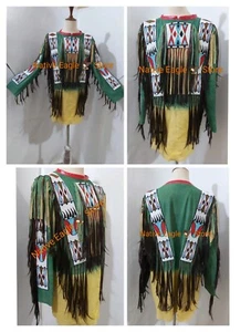 Camisa de guerra Powwow color mano piel de cordero con flecos con cuentas Powwow NA48 - Imagen 1 de 3