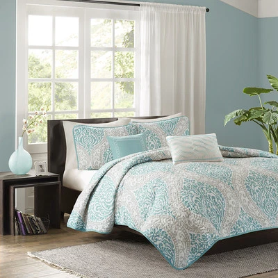 BEAUTIFUL MODERN CHIC BLUE LIGHT TEAL AQUA WHITE GREY BEACH OCEAN SOFT QUILT SET